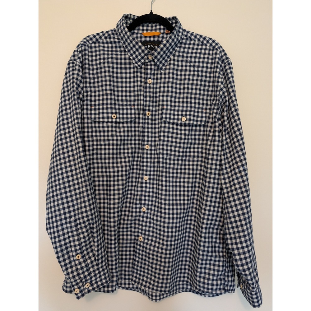 Orvis Gingham Check Long Sleeve Button Down Shirt Navy White Mens XL Flap Pocket